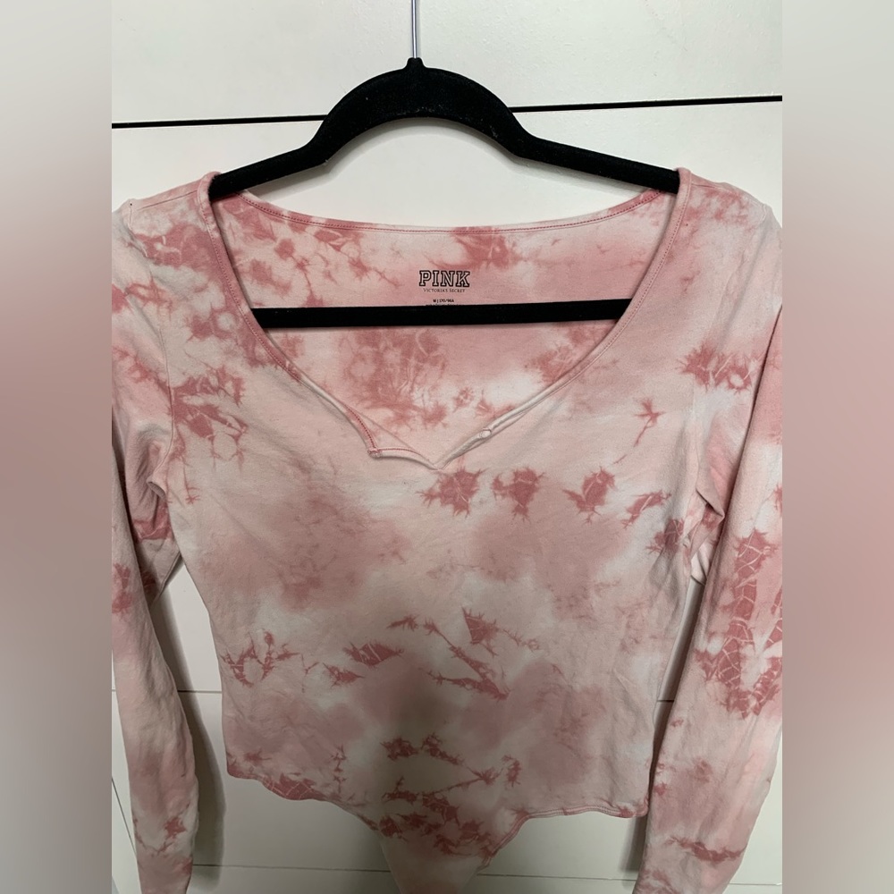 Victoria Secret Pink Long Sleeve Bodysuit Tie Dye Print Pink White